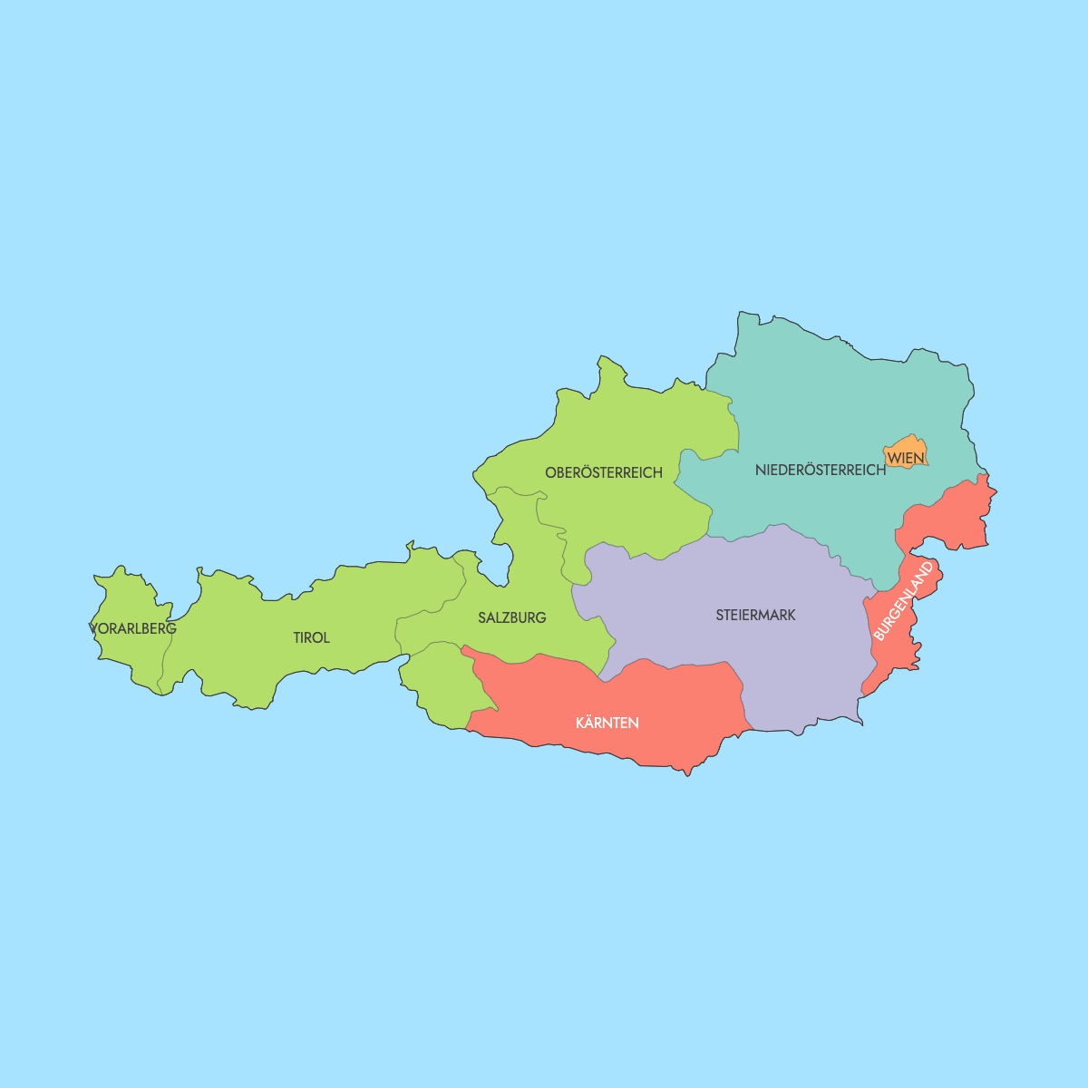 Map of Austria States with surrounding areas