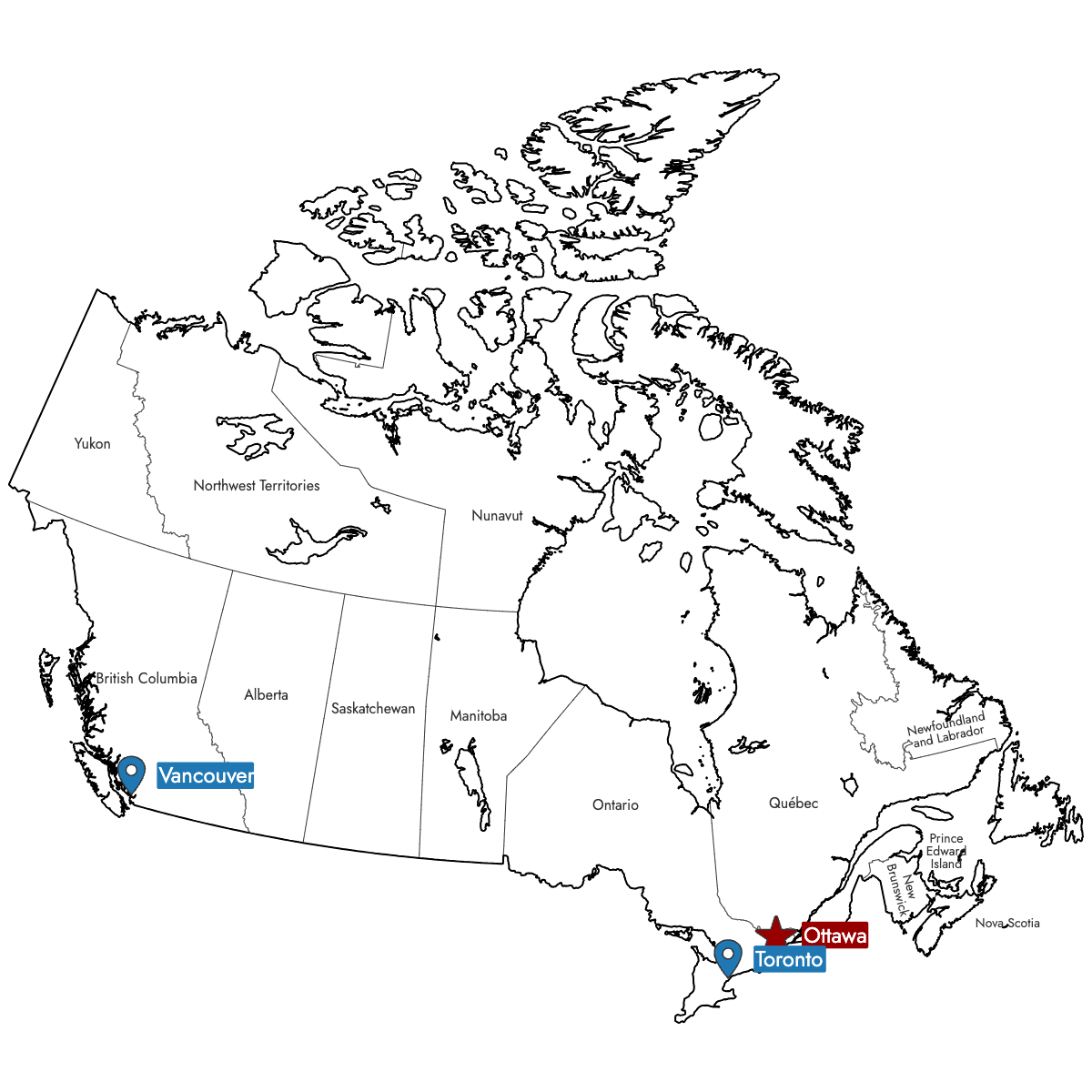 Map of Canada Provinces with Pins
