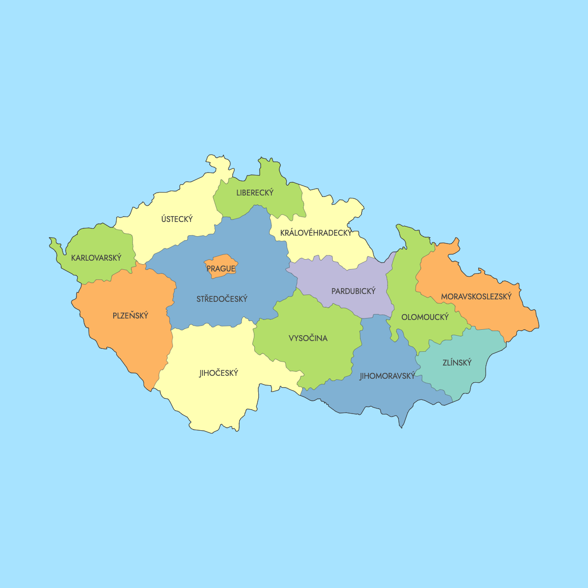 Map of Czech Republic Regions with surrounding areas