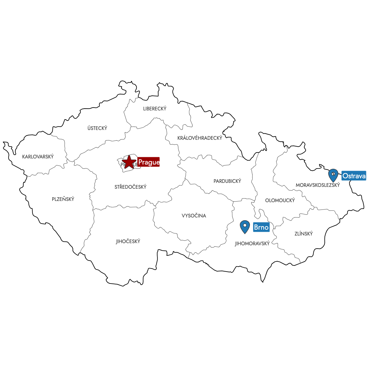 Map of Czech Republic Regions with Pins