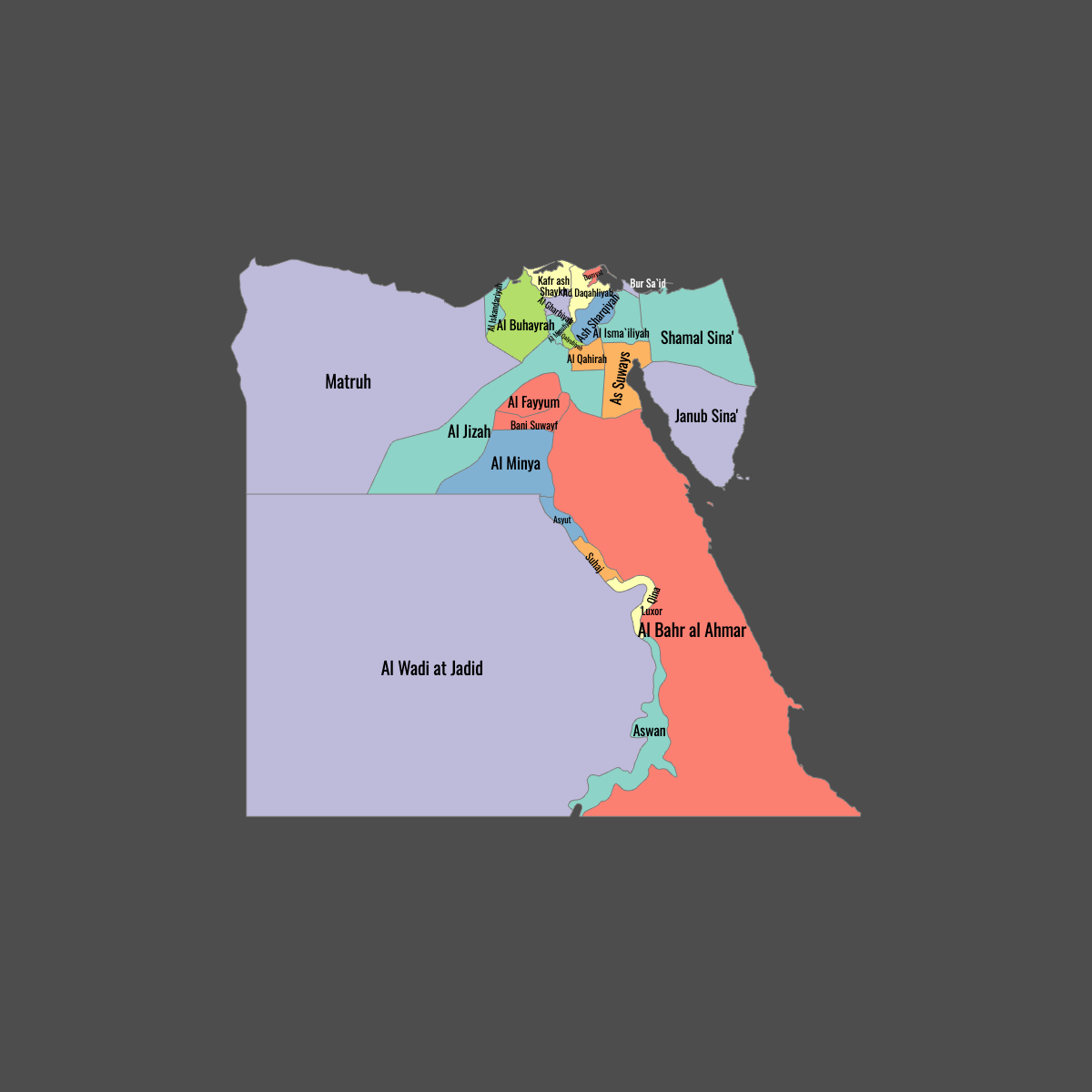 Colored Map of Egypt Governorates (Dark Theme)
