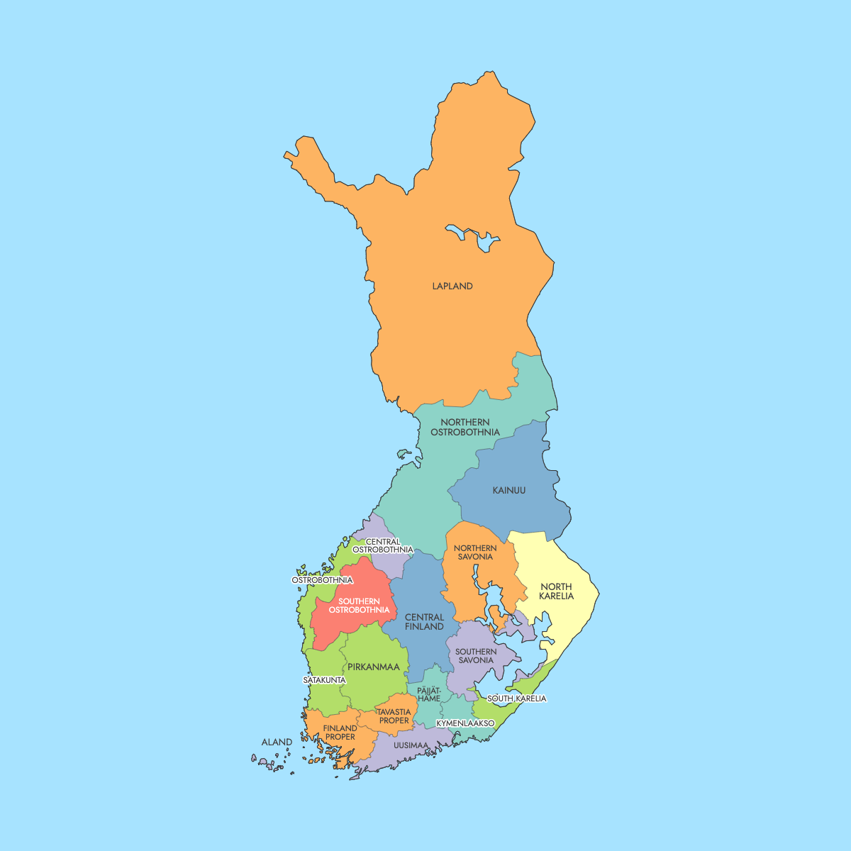 Map of Finland Regions with surrounding areas