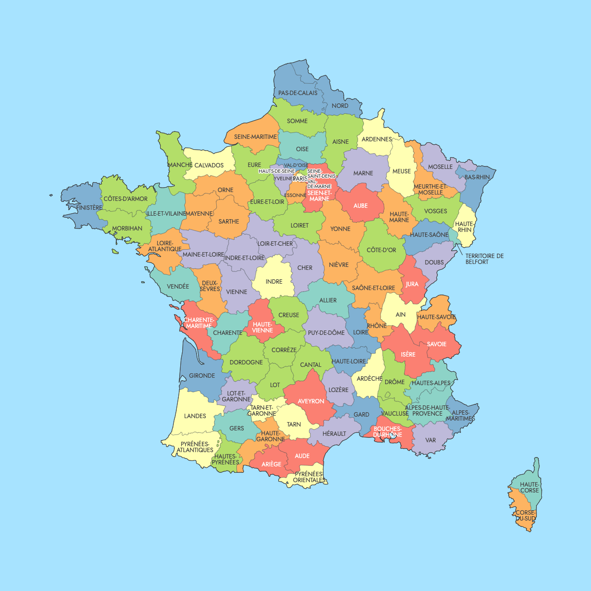 Map of France Departments with surrounding areas