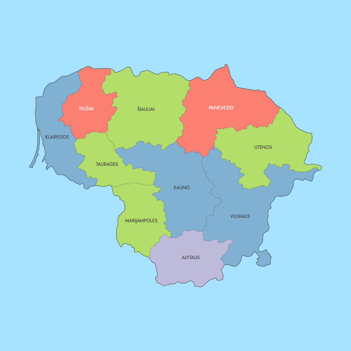 Map of Lithuania Counties with surrounding areas