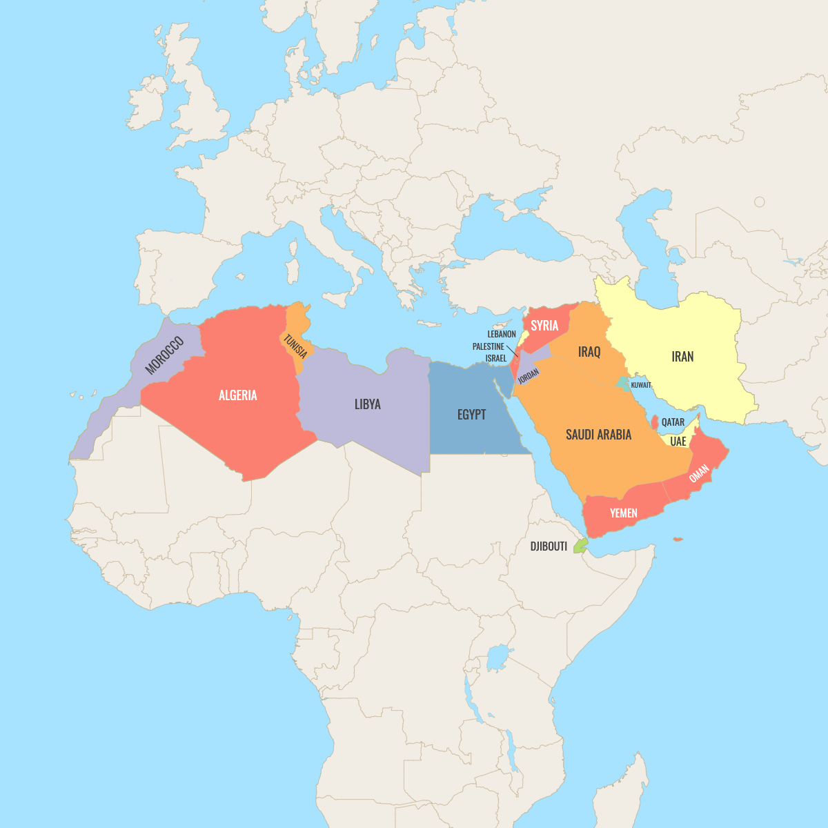 Map of MENA Countries with surrounding areas