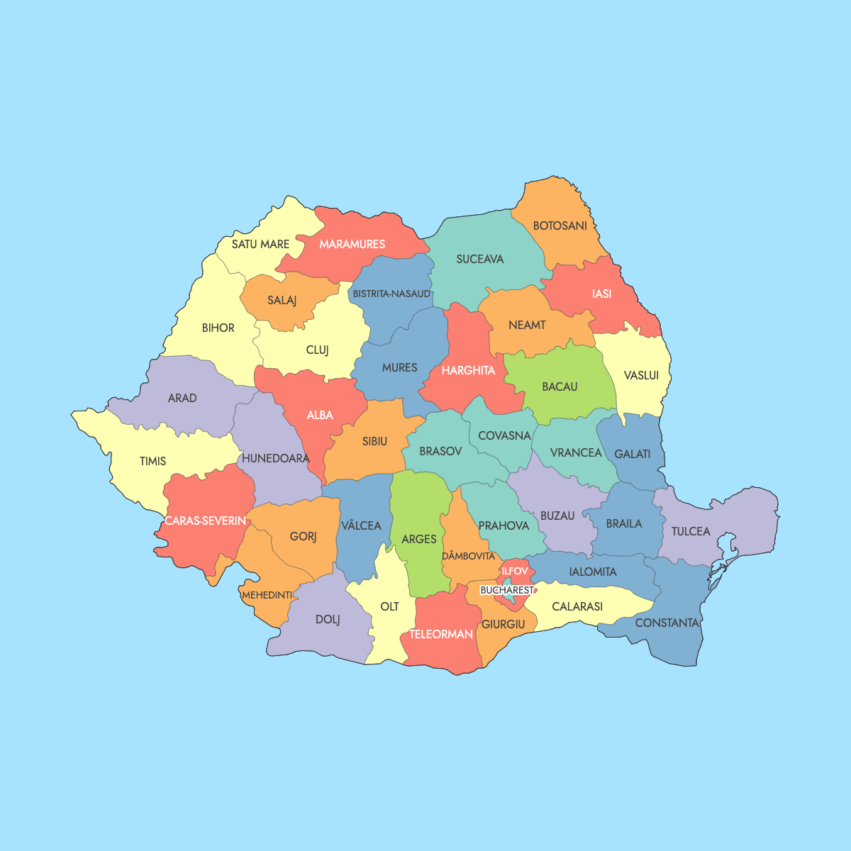Map of Romania Counties with surrounding areas