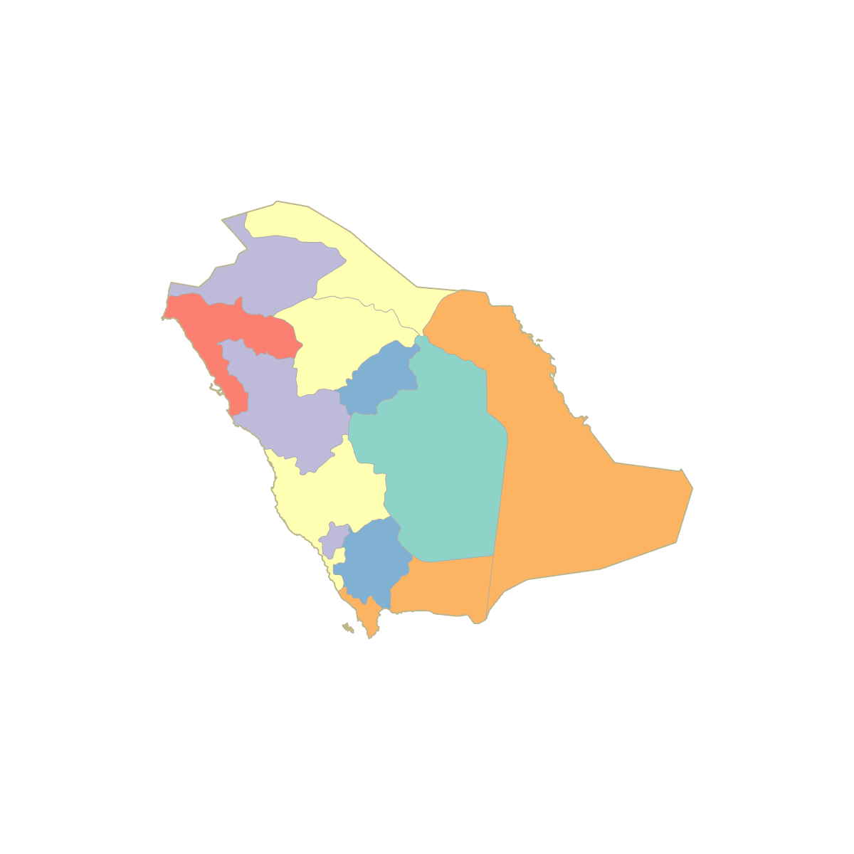 Colored Map of Saudi Arabia Provinces