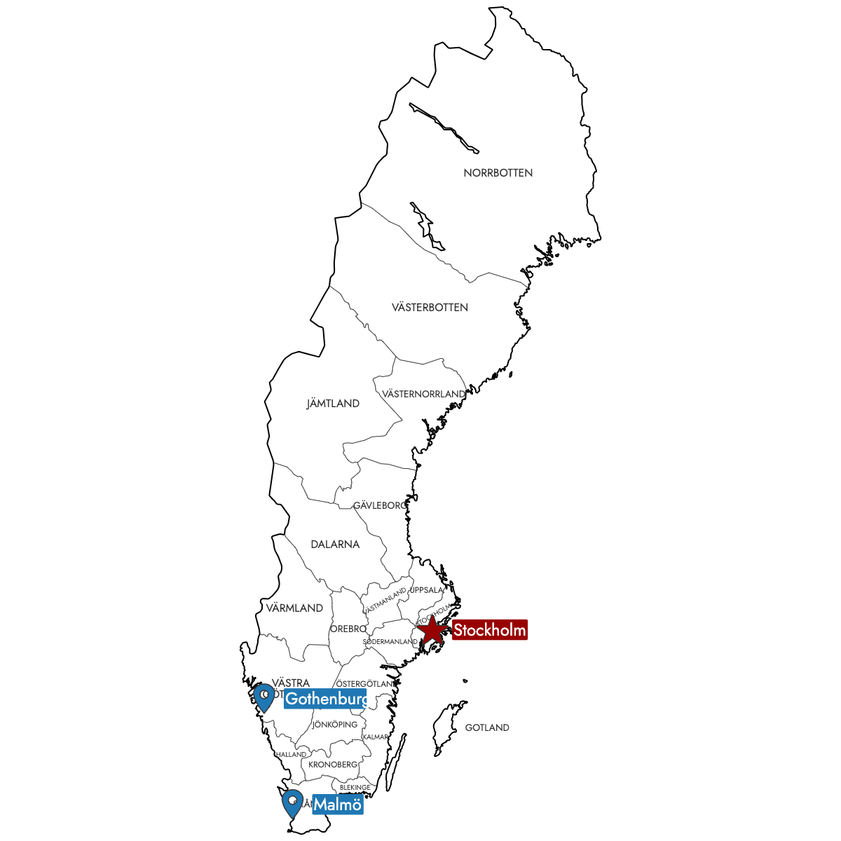 Map of Sweden Counties with Pins