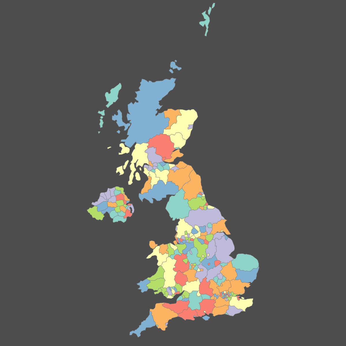 Colored Map of United Kingdom Counties (Dark Theme)