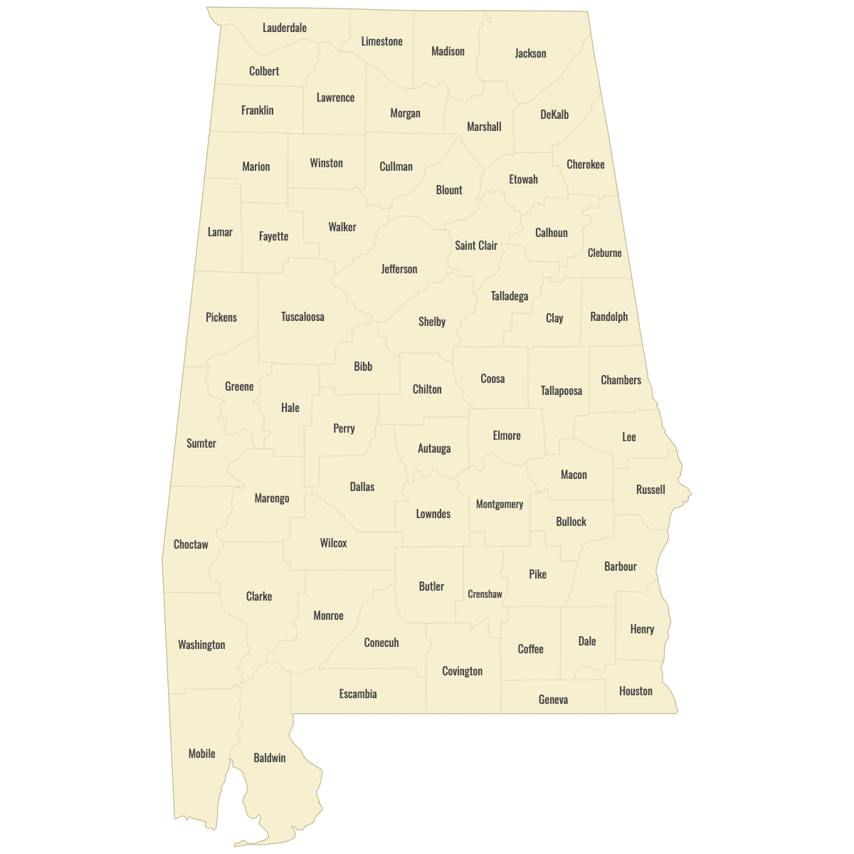 Blank Map of Alabama Counties With Labels