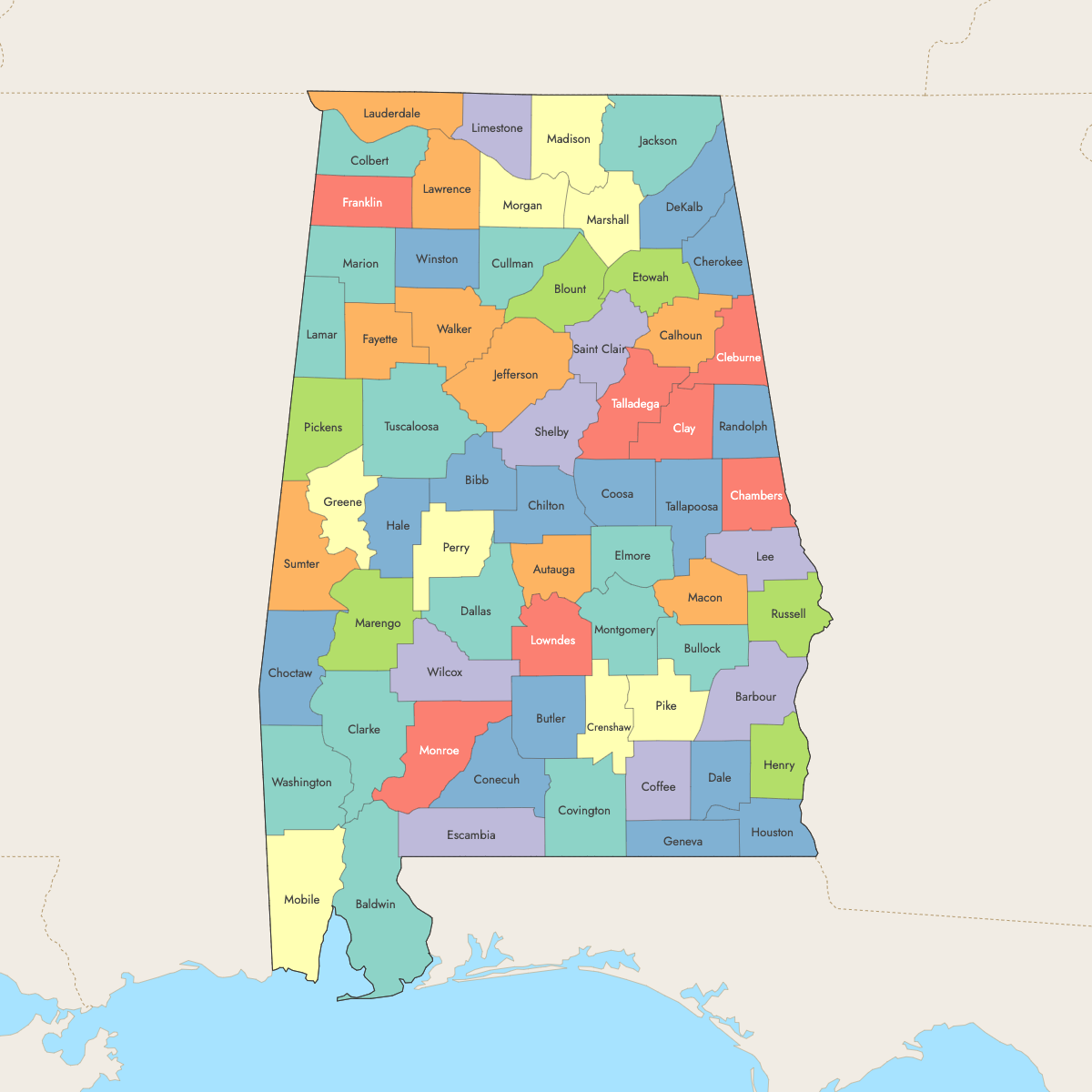 Map of Alabama Counties with surrounding areas