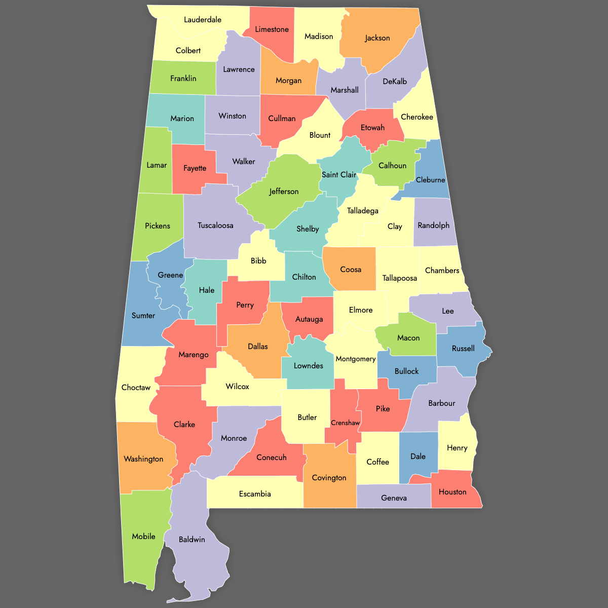 Custom Map of Alabama Counties With Labels