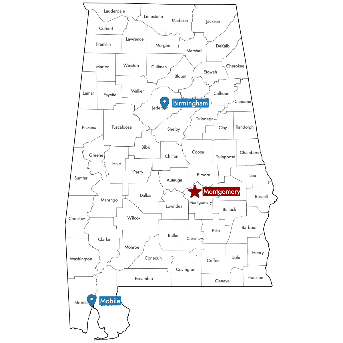 Map of Alabama Counties with Pins