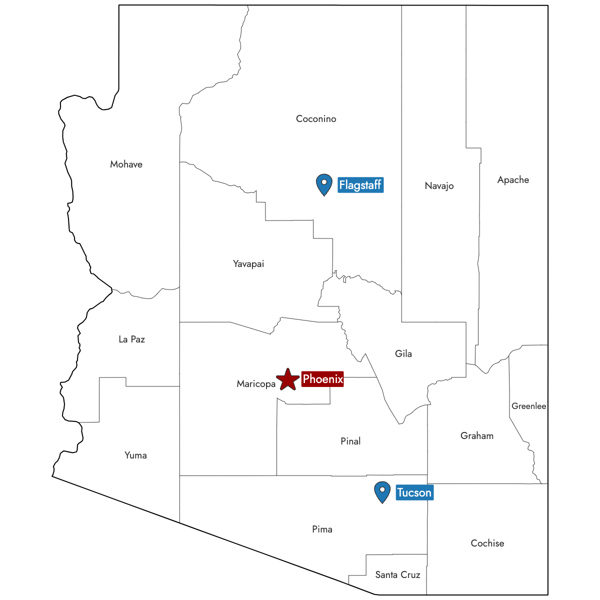 Map of Arizona Counties with Pins