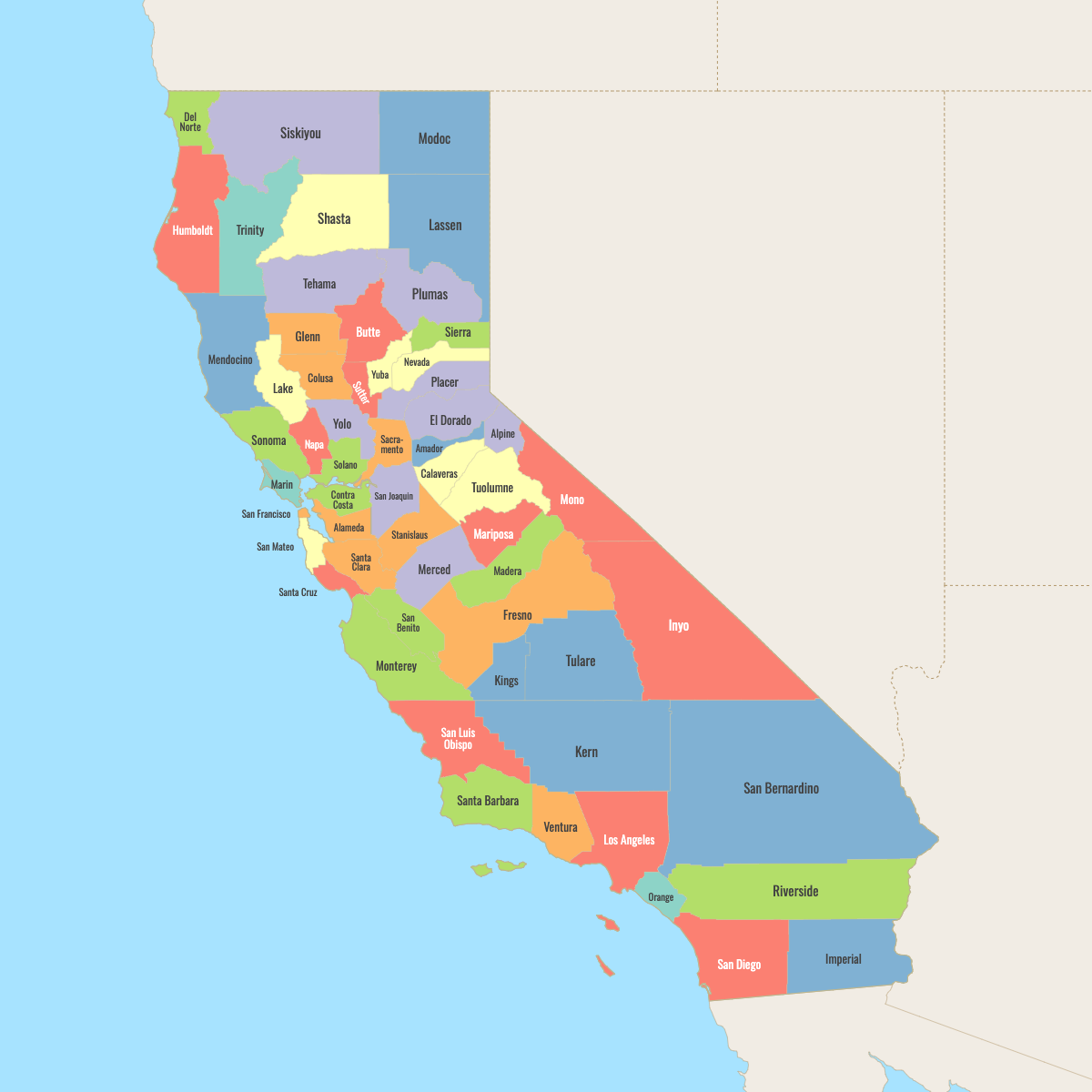 Map of California Counties with surrounding areas