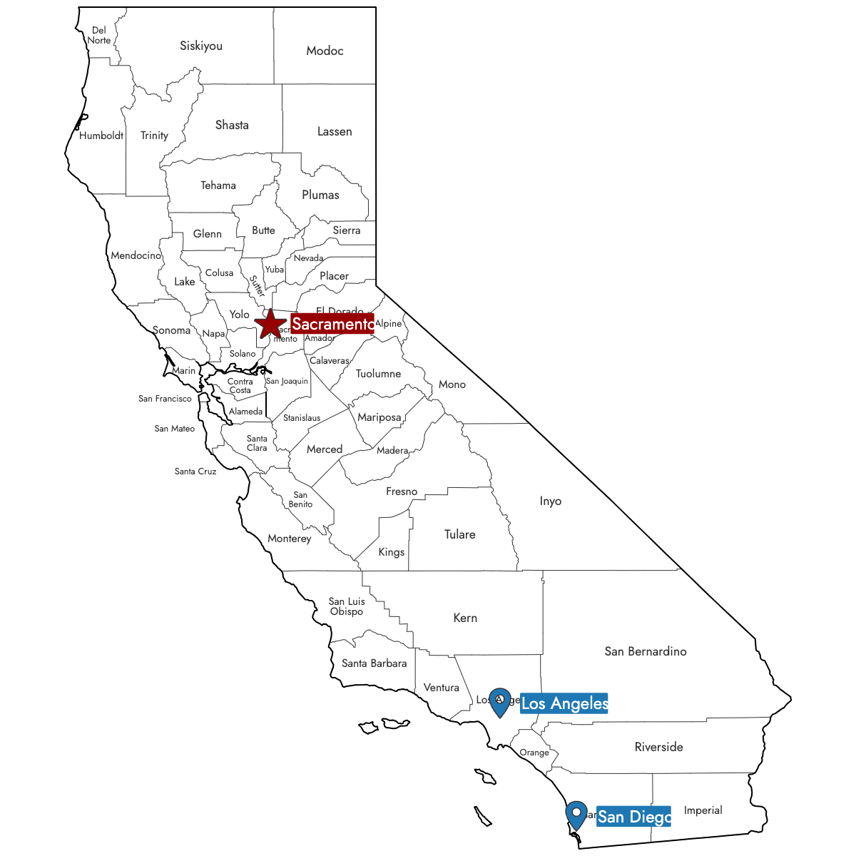Map of California Counties with Pins