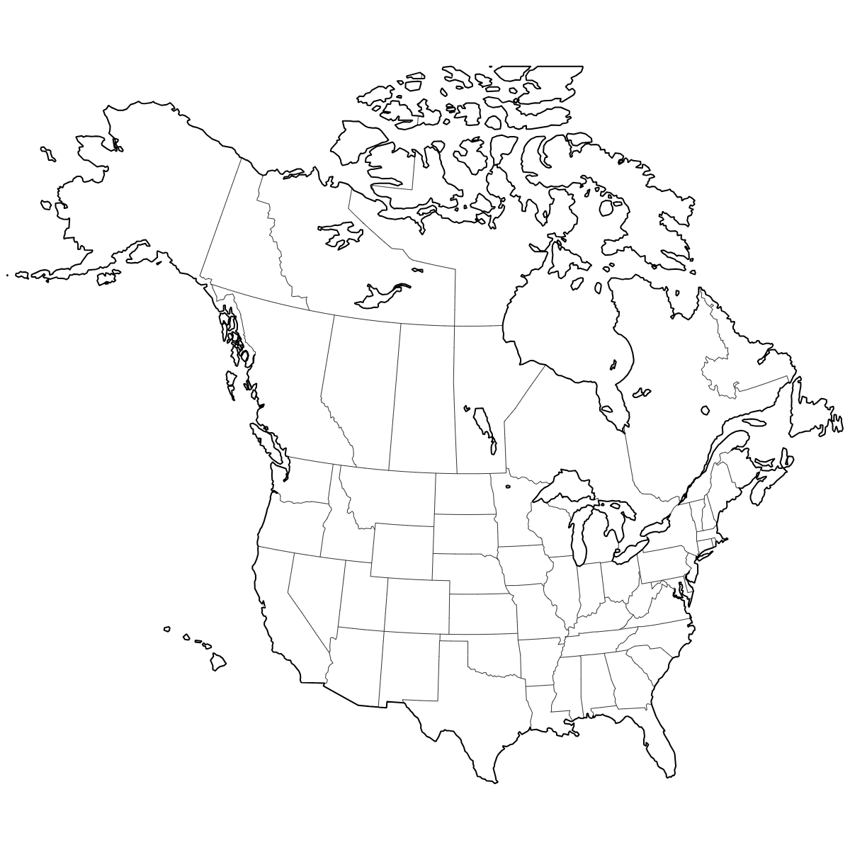 Outlined United States and Canada Map