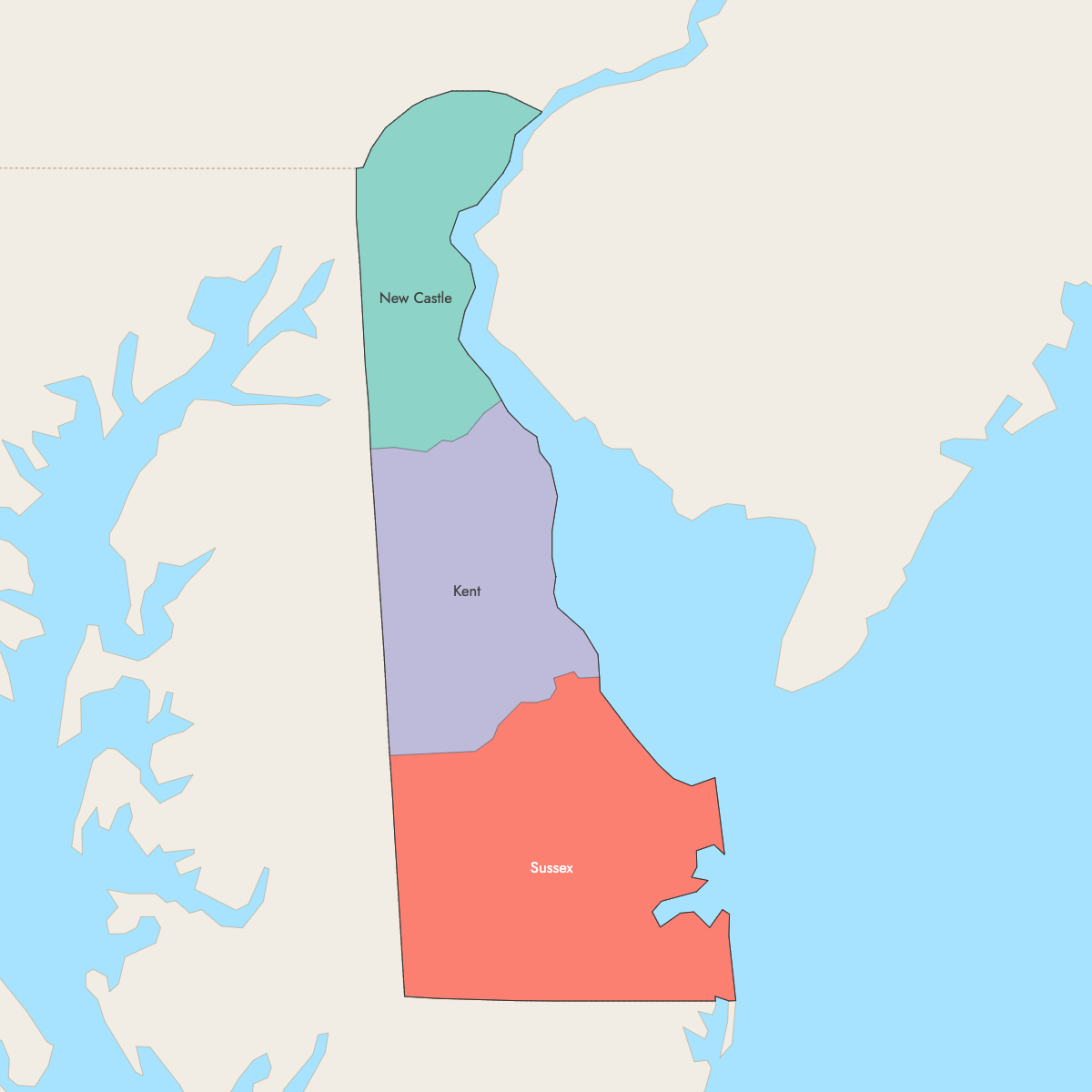 Map of Delaware Counties with surrounding areas