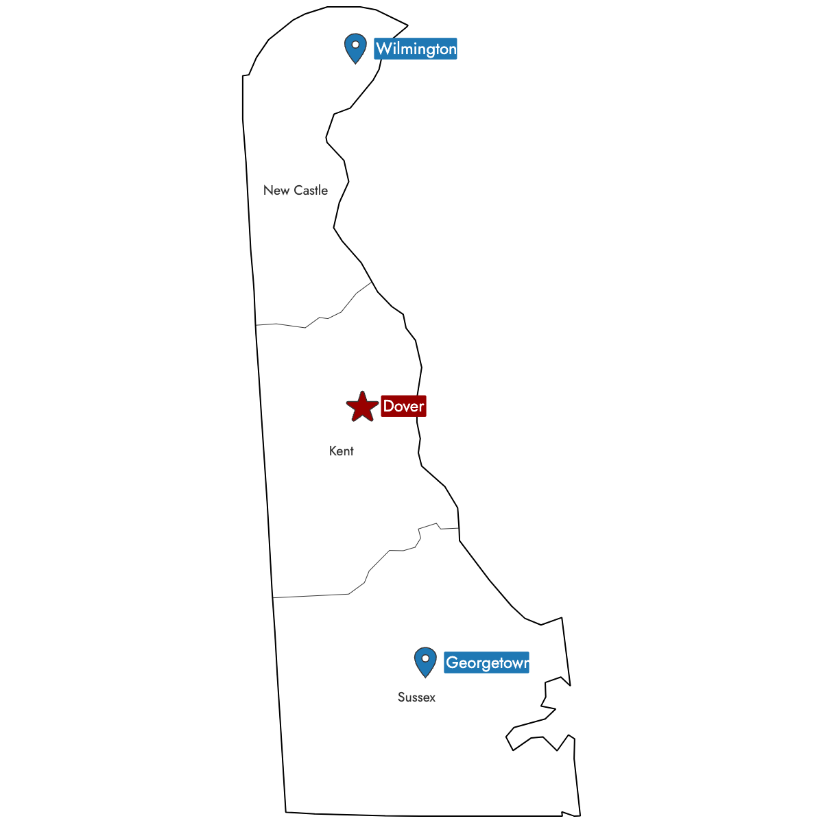 Map of Delaware Counties with Pins