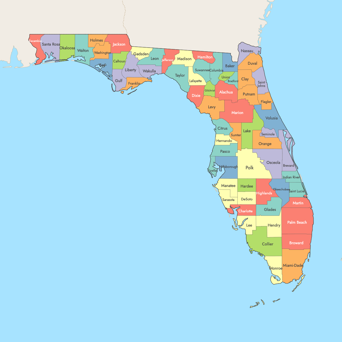 Map of Florida Counties with surrounding areas