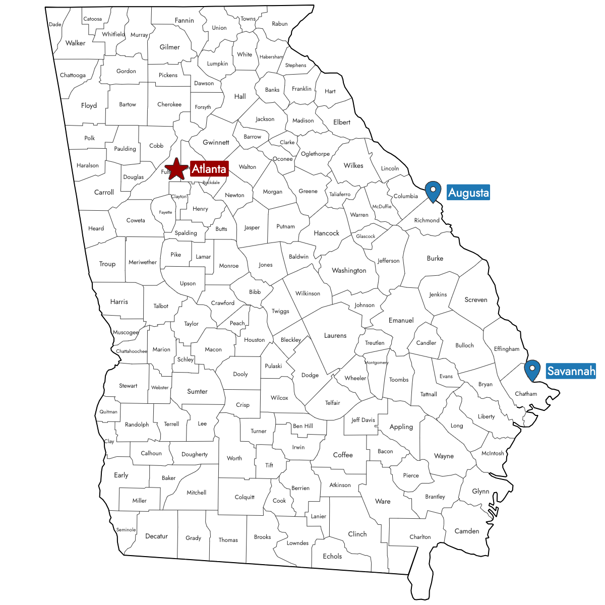 Map of Georgia Counties with Pins