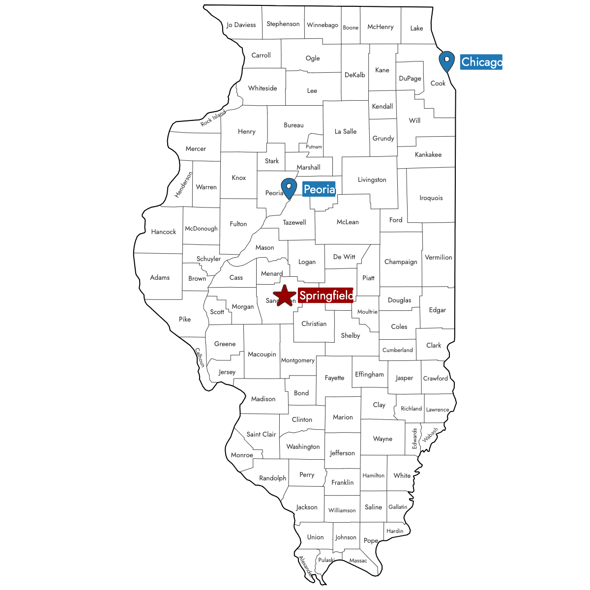 Map of Illinois Counties with Pins