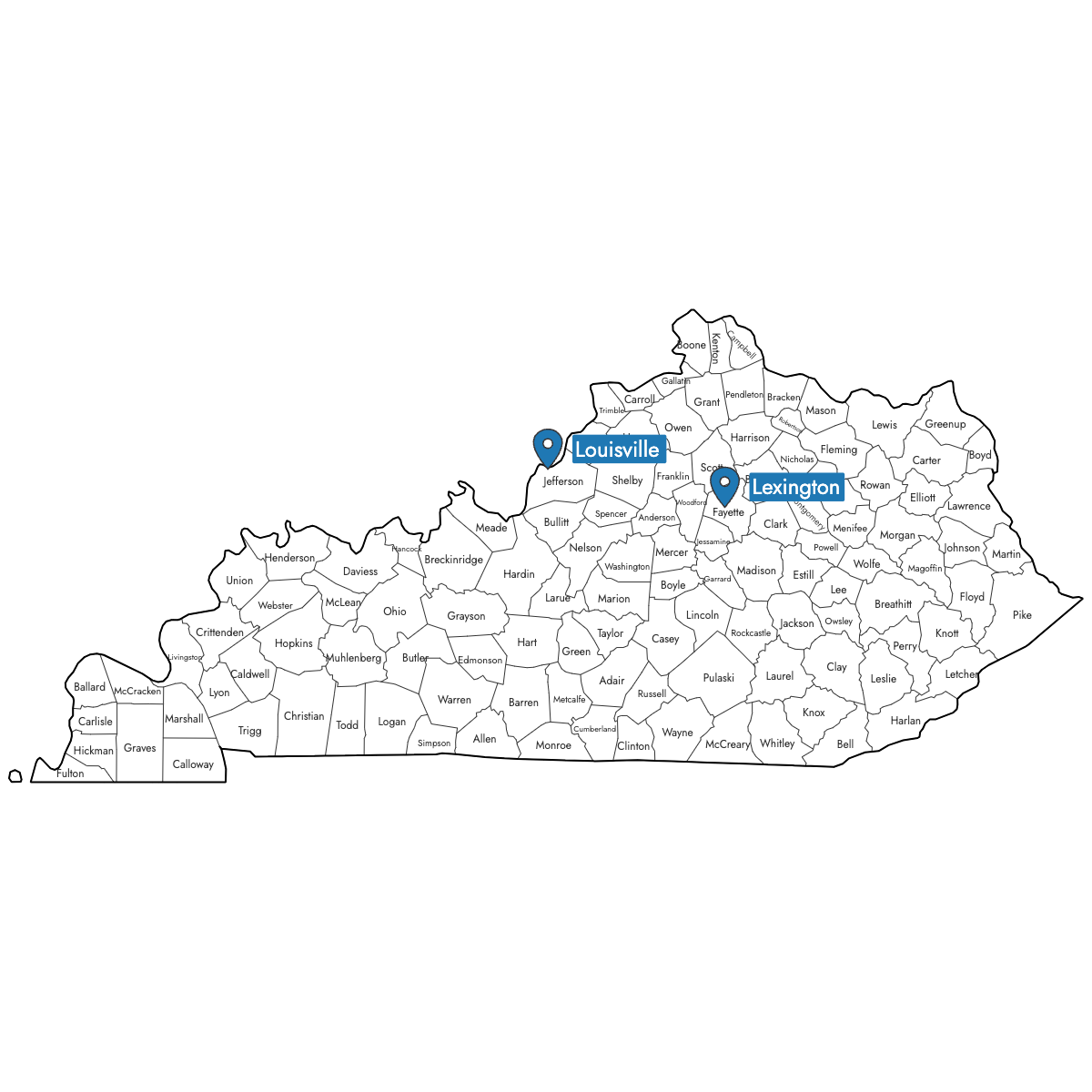Map of Kentucky Counties with Pins