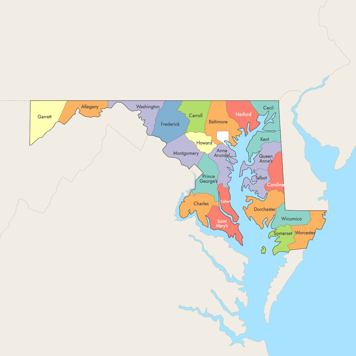 Map of Maryland Counties with surrounding areas