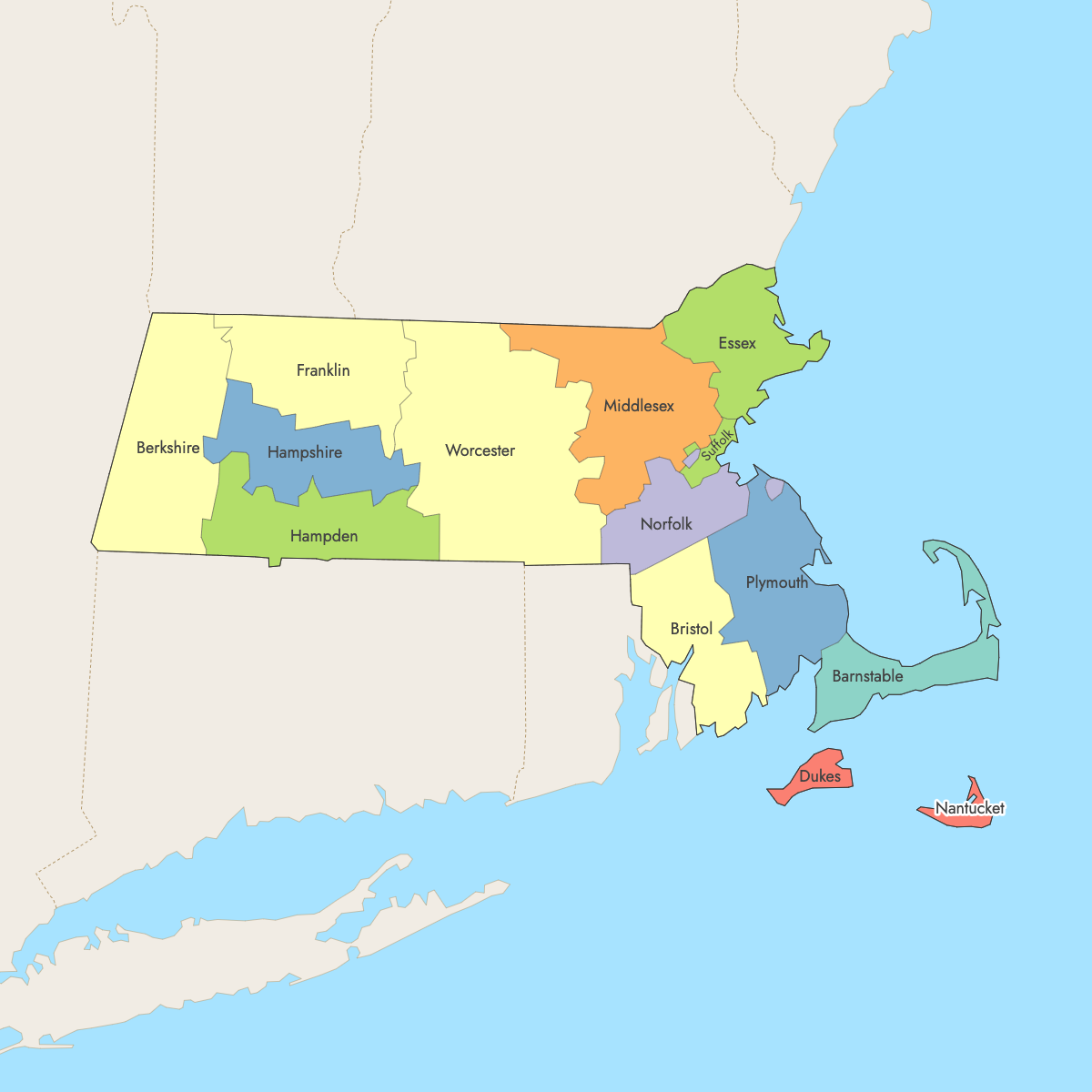 Map of Massachusetts Counties with surrounding areas
