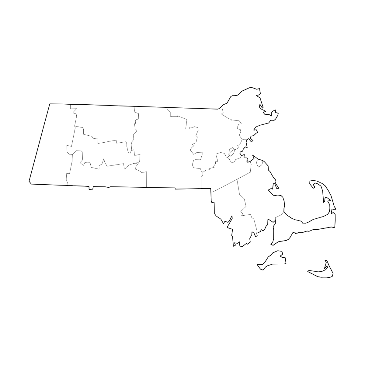 Outlined Map of Massachusetts Counties