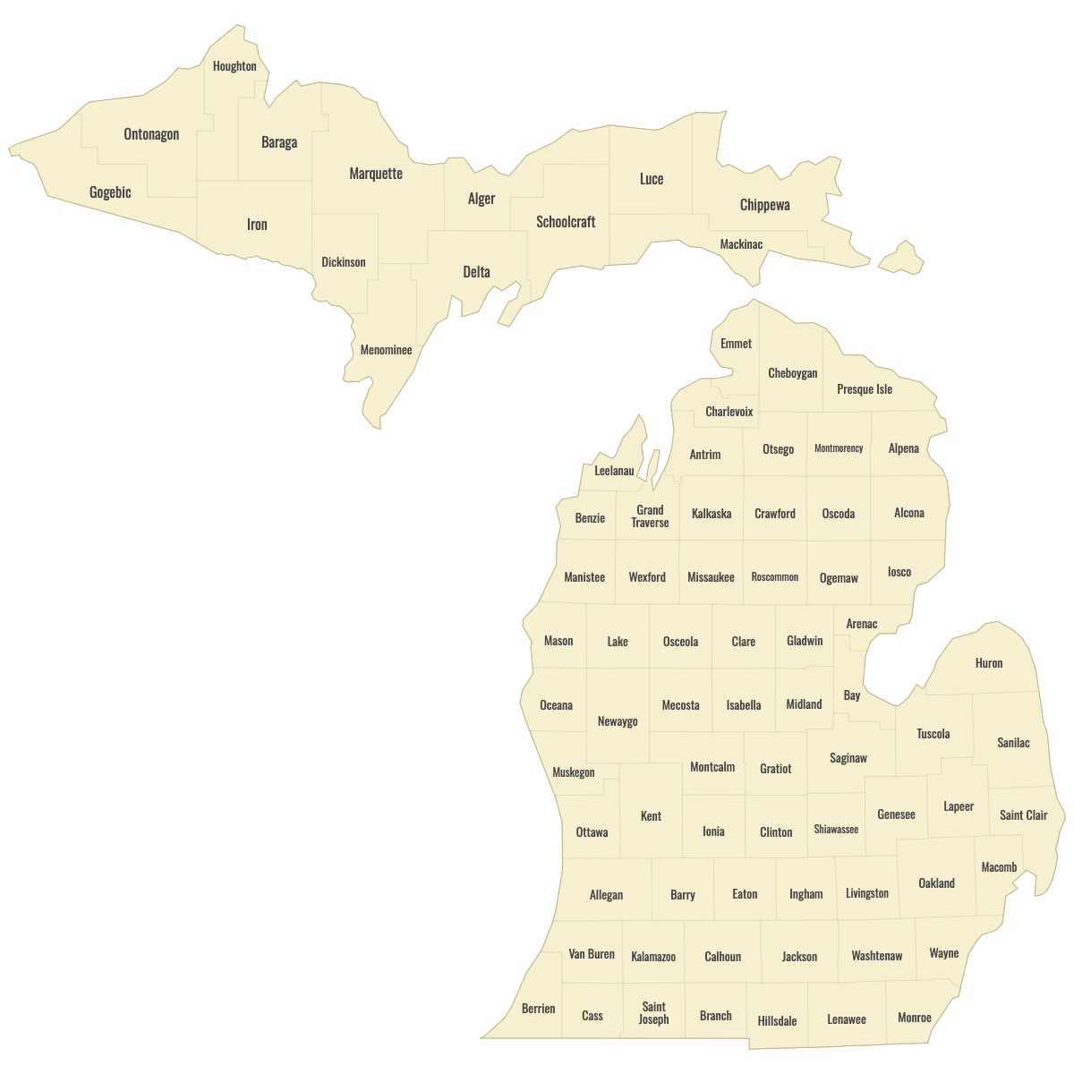 Blank Map of Michigan Counties With Labels