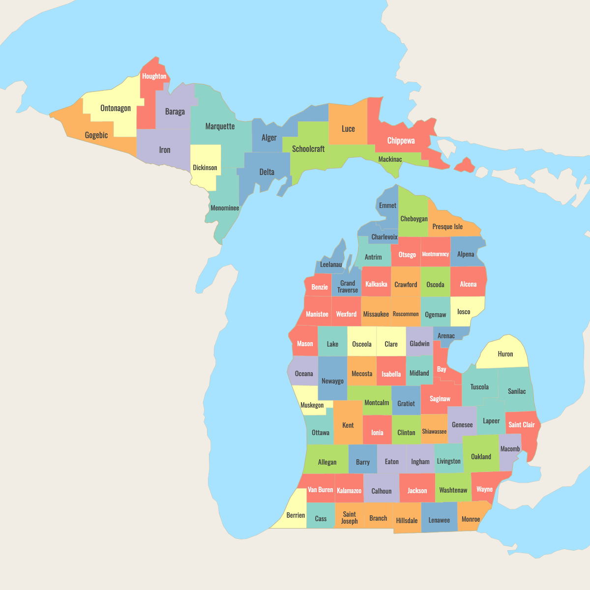 Map of Michigan Counties with surrounding areas