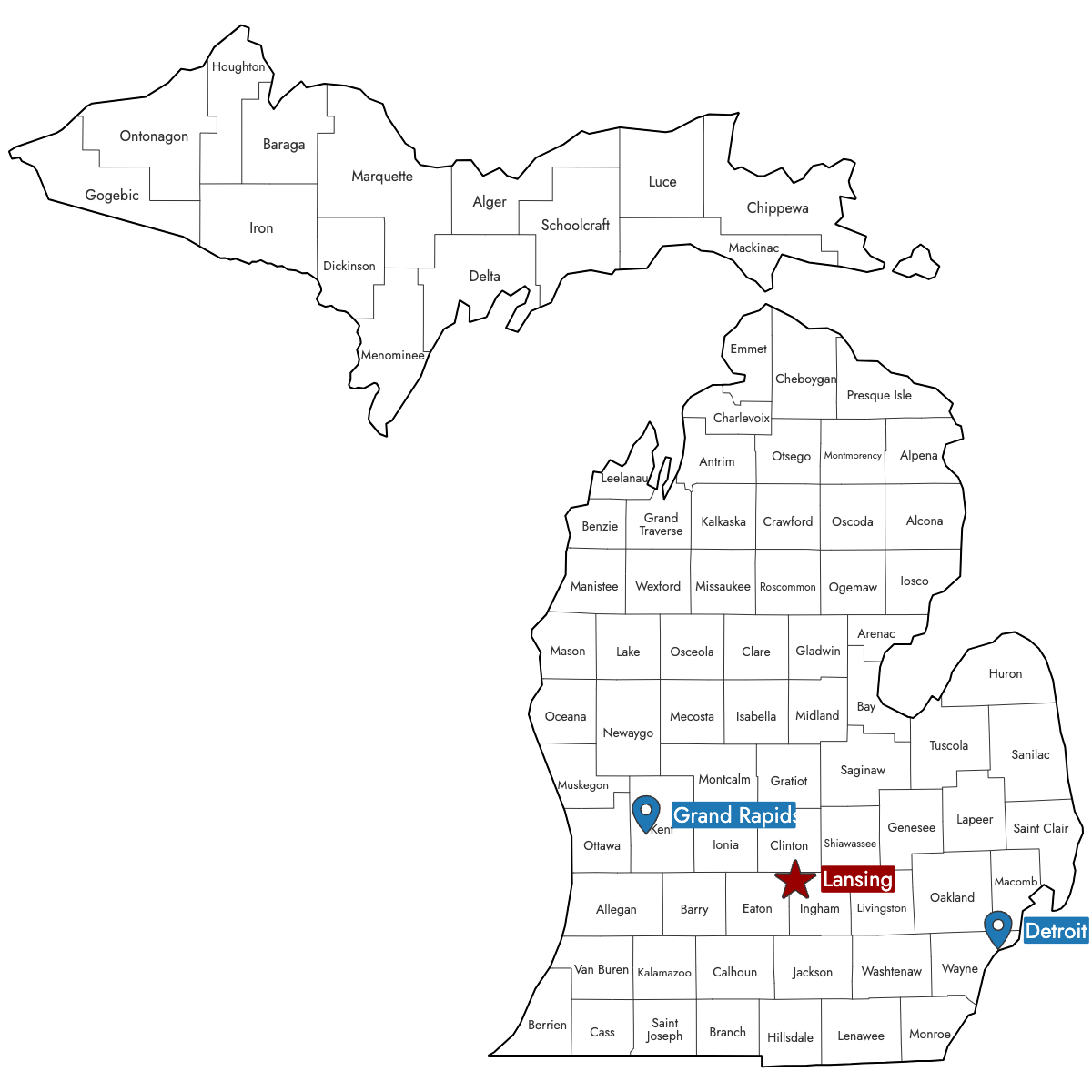 Map of Michigan Counties with Pins