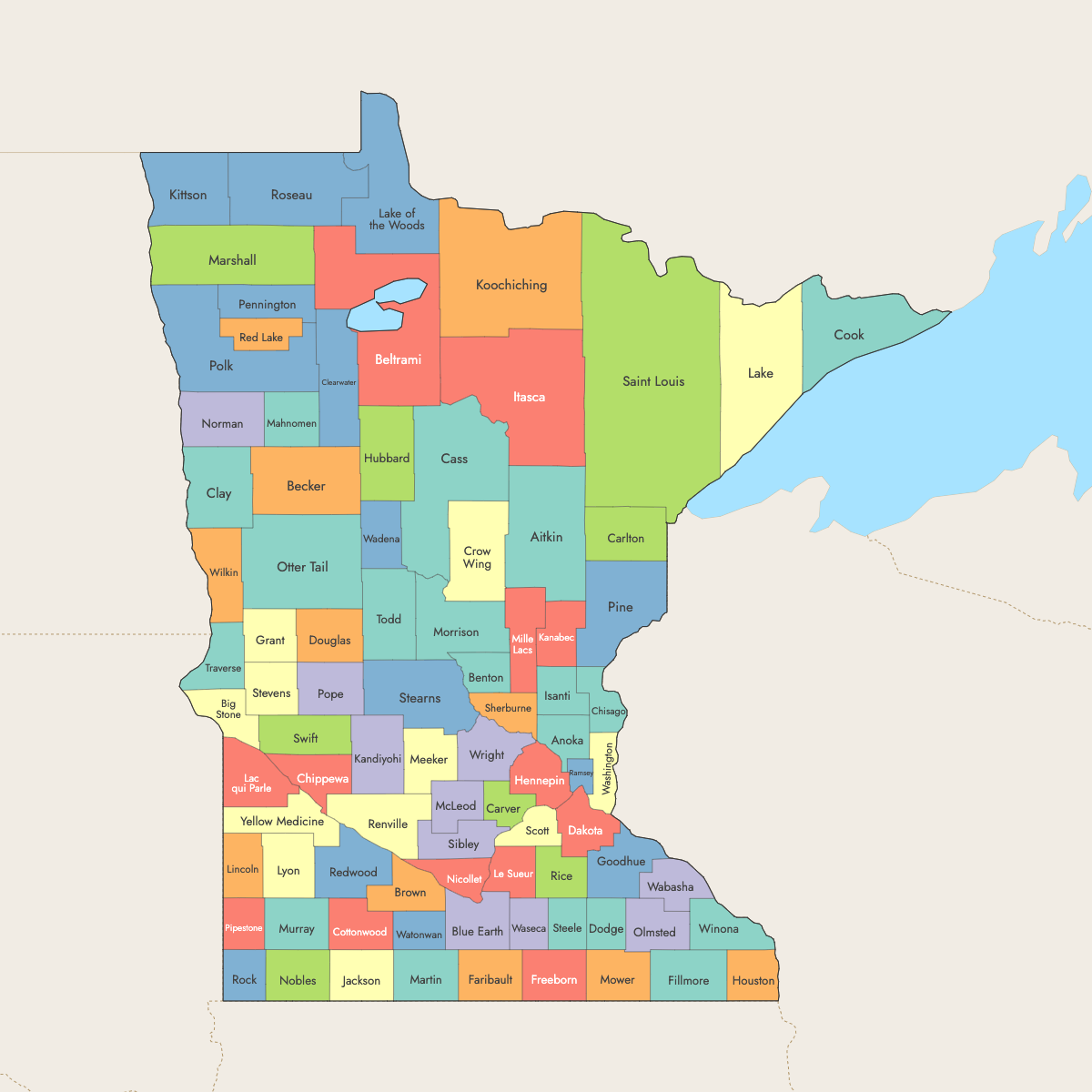 Map of Minnesota Counties with surrounding areas