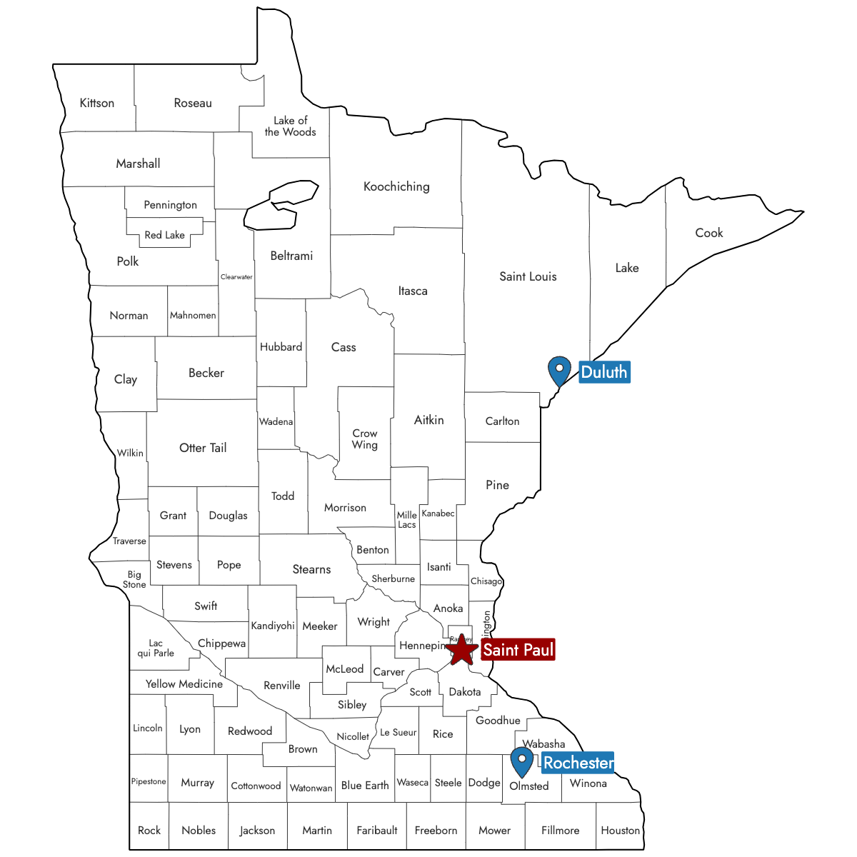 Map of Minnesota Counties with Pins