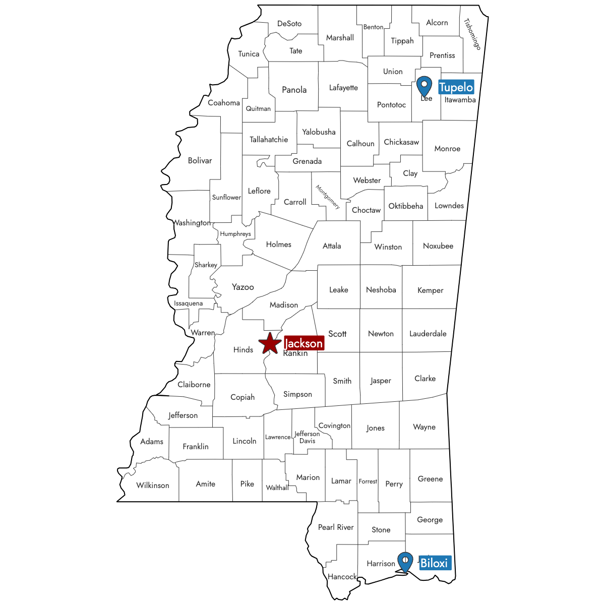 Map of Mississippi Counties with Pins