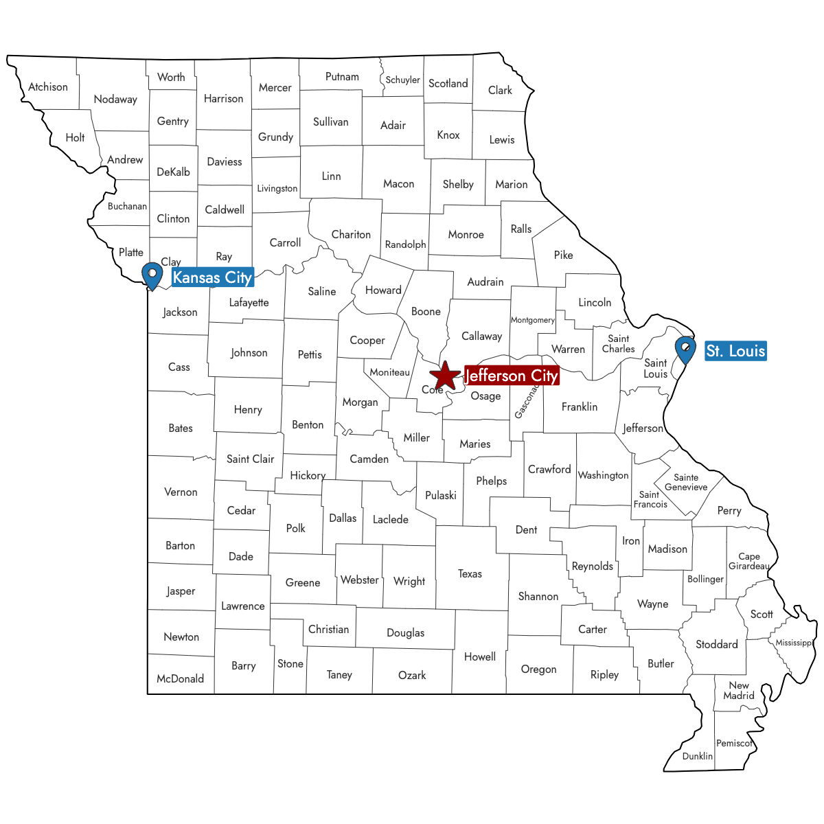 Map of Missouri Counties with Pins
