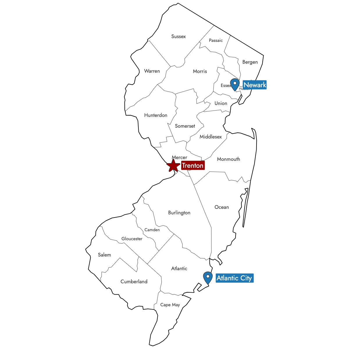 Map of New Jersey Counties with Pins