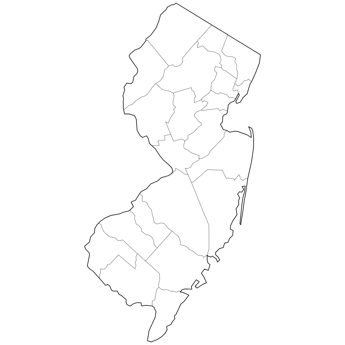 Outlined Map of New Jersey Counties