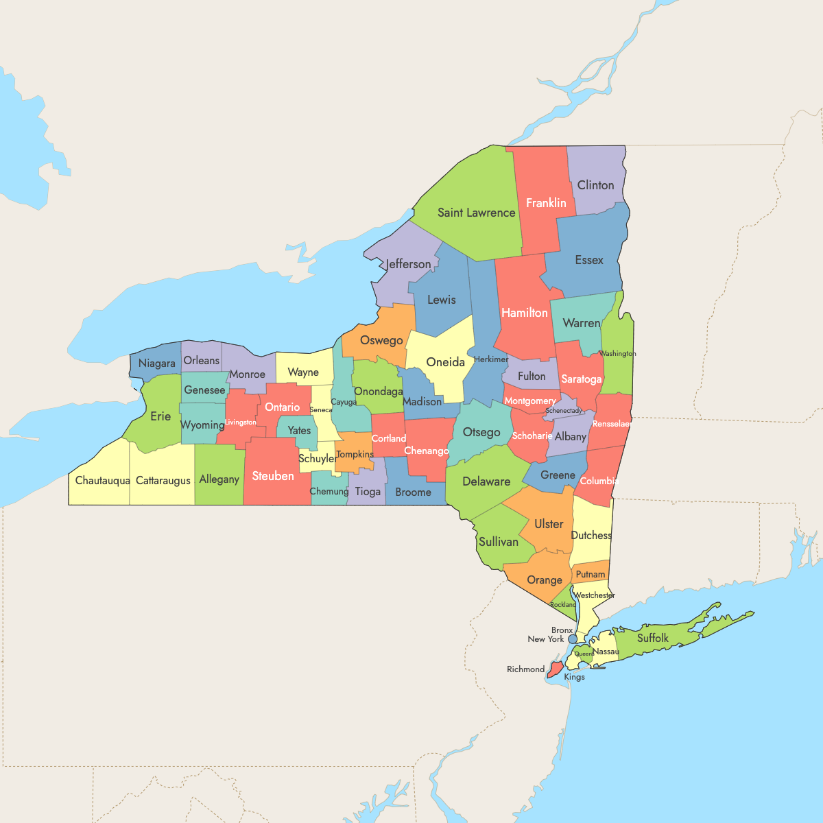 Map of New York Counties with surrounding areas