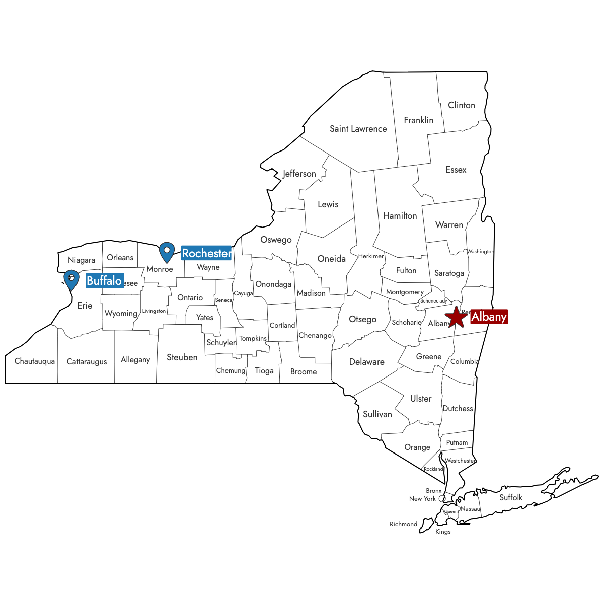 Map of New York Counties with Pins