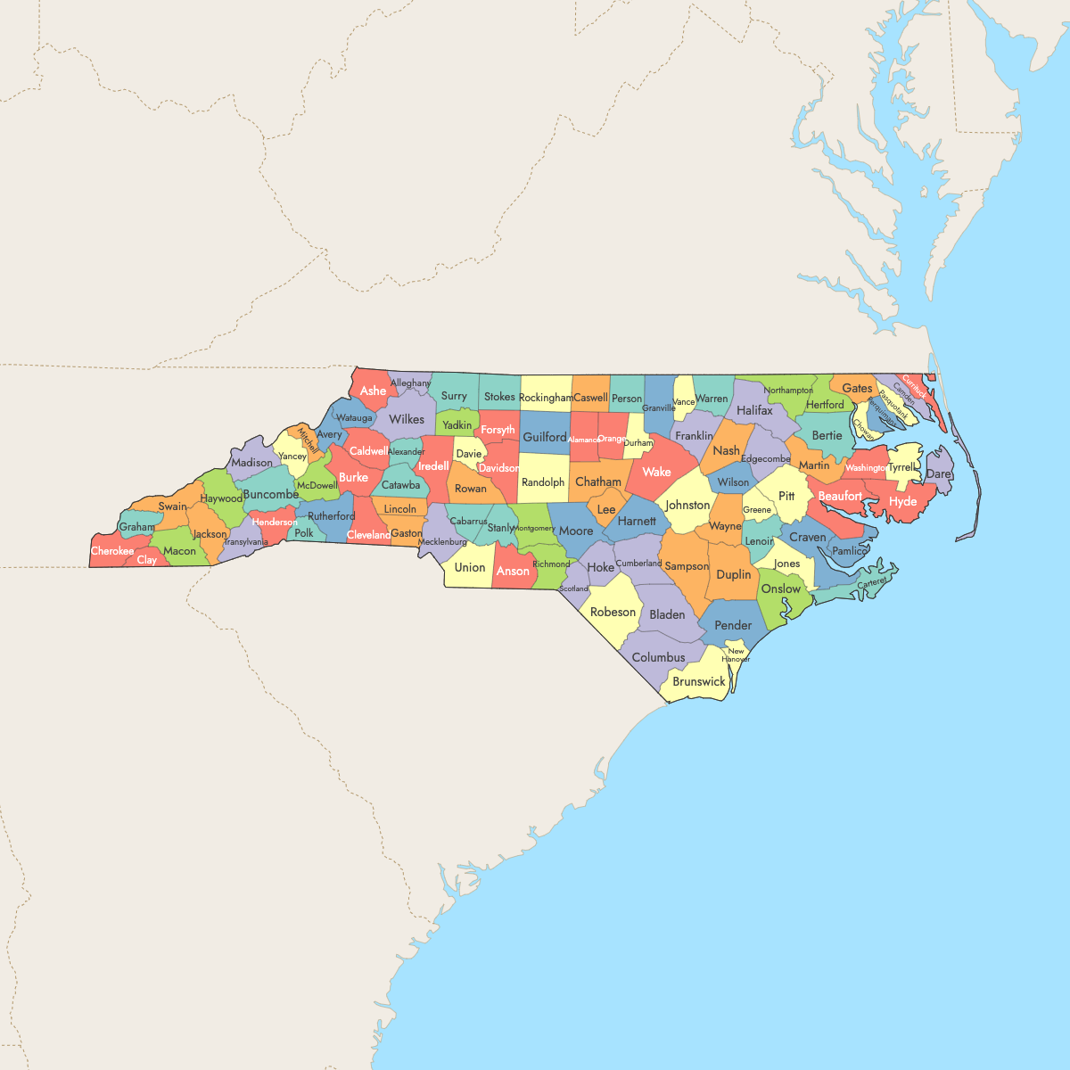 Map of North Carolina Counties with surrounding areas
