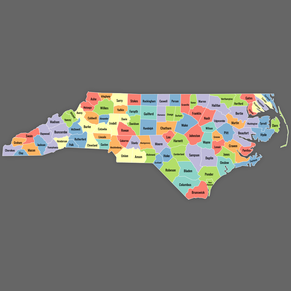 Custom Map of North Carolina Counties With Labels
