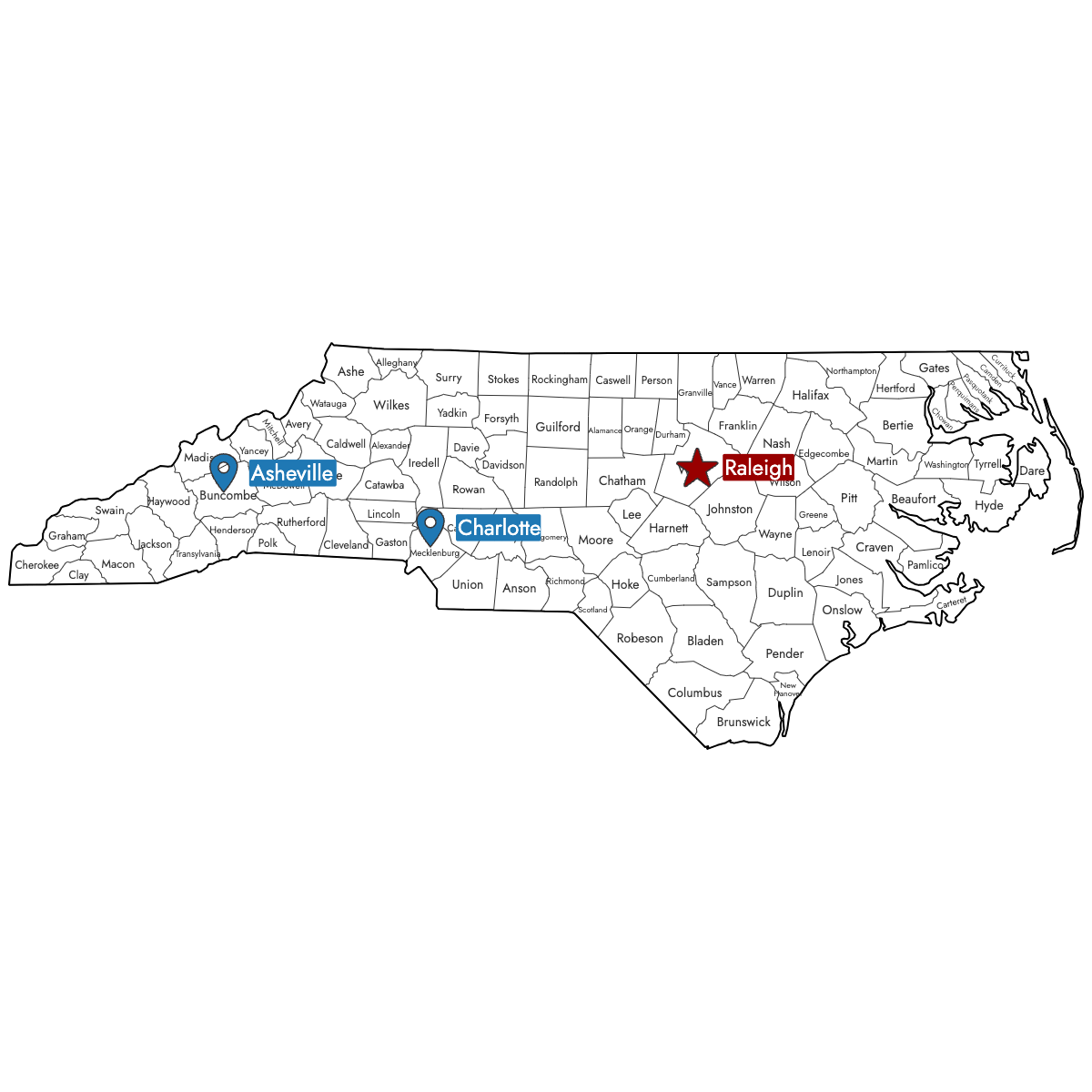 Map of North Carolina Counties with Pins