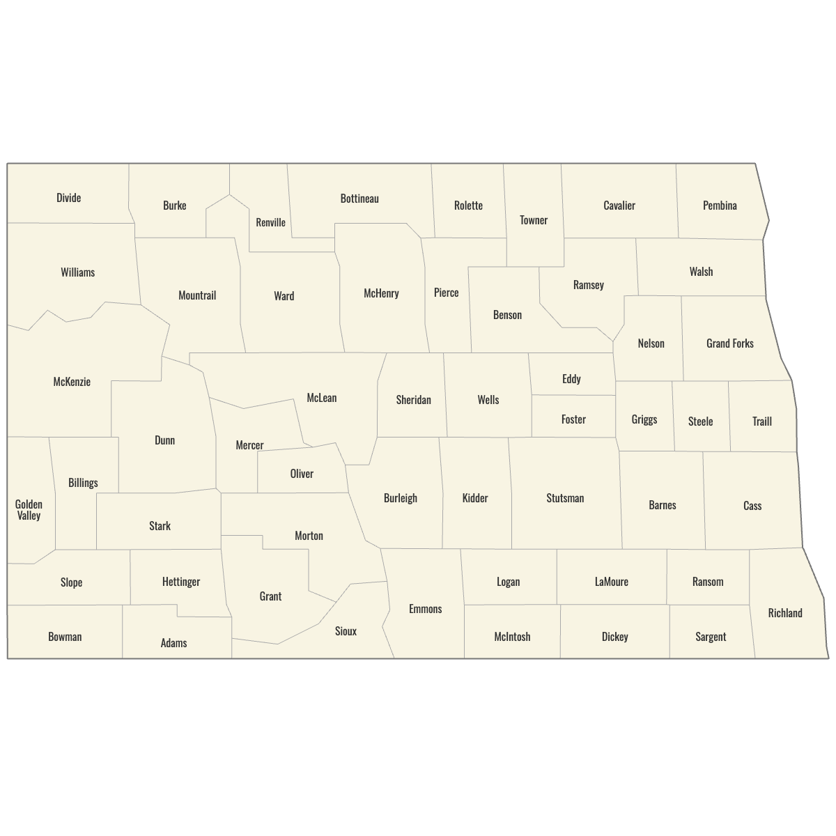 Blank Map of North Dakota Counties with Labels