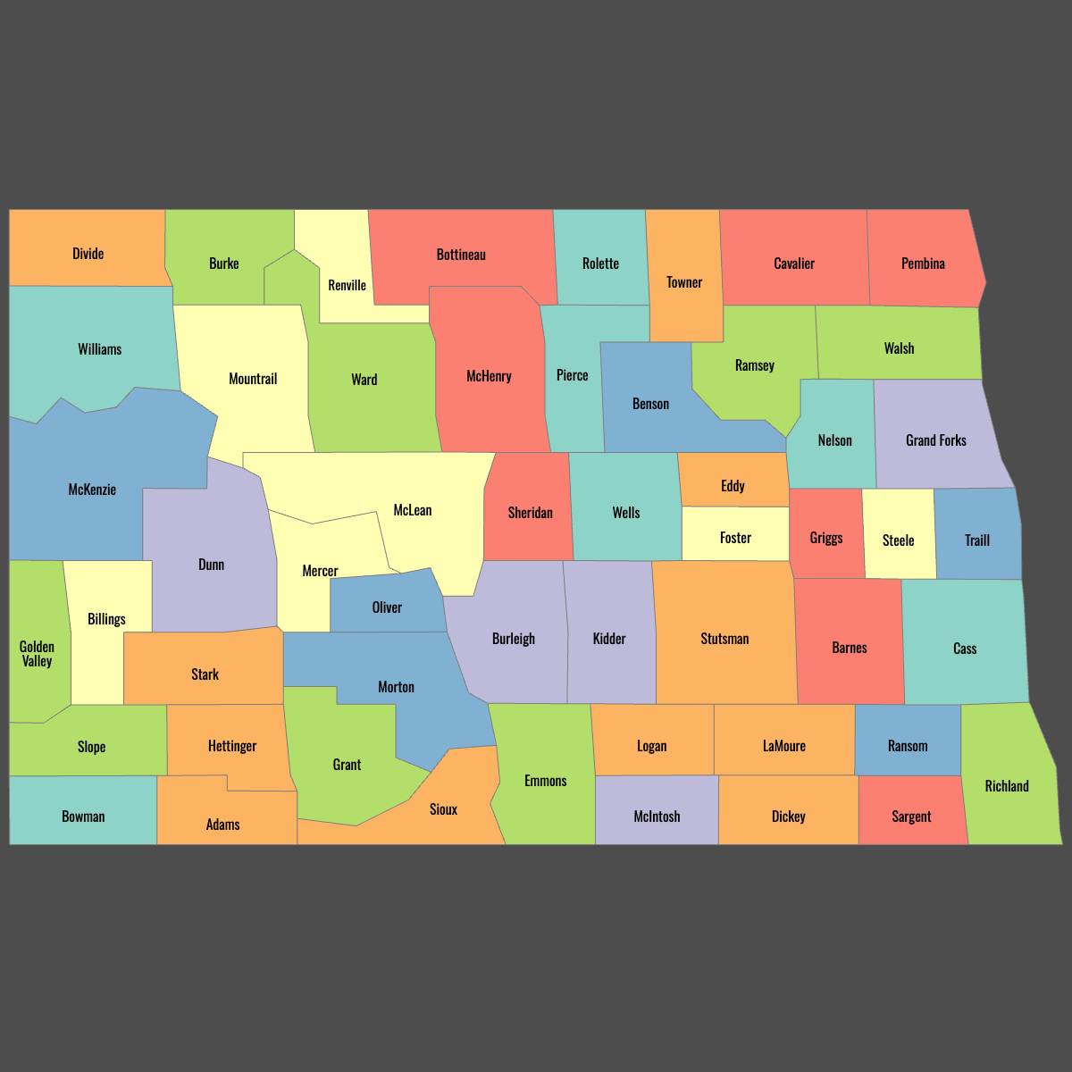 Colored Map of North Dakota Counties with Labels (Dark Theme)