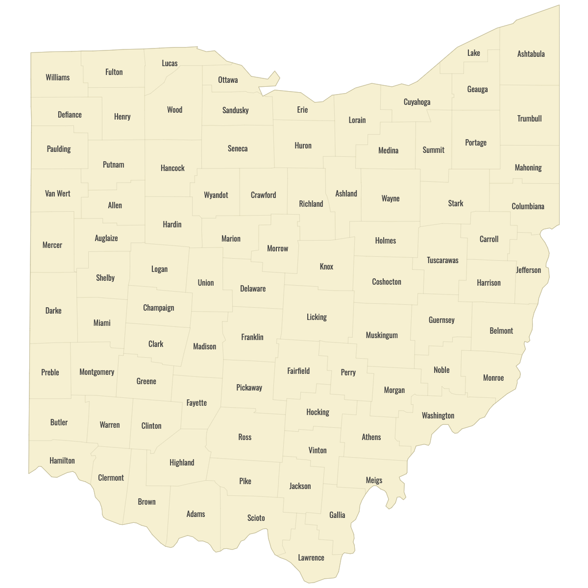 Blank Map of Ohio Counties With Labels