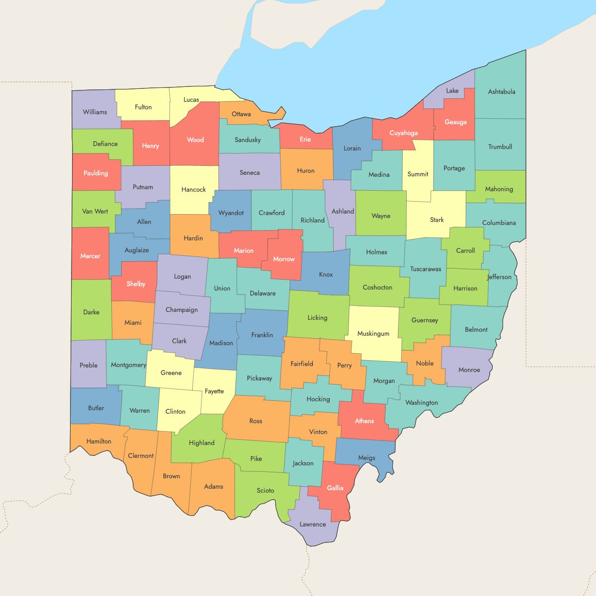 Map of Ohio Counties with surrounding areas