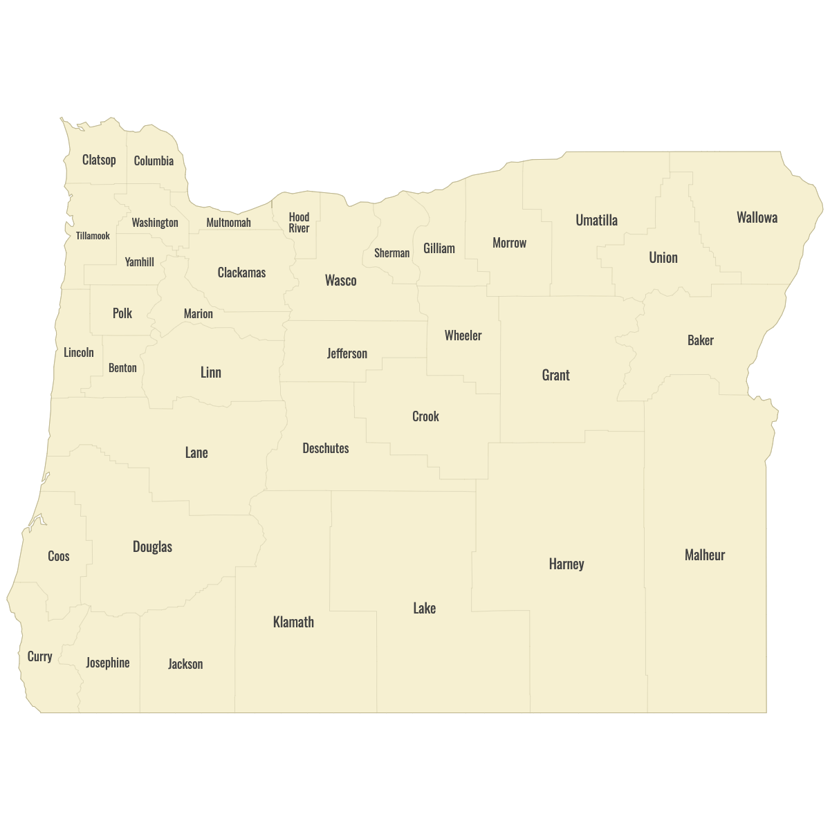 Blank Map of Oregon Counties With Labels