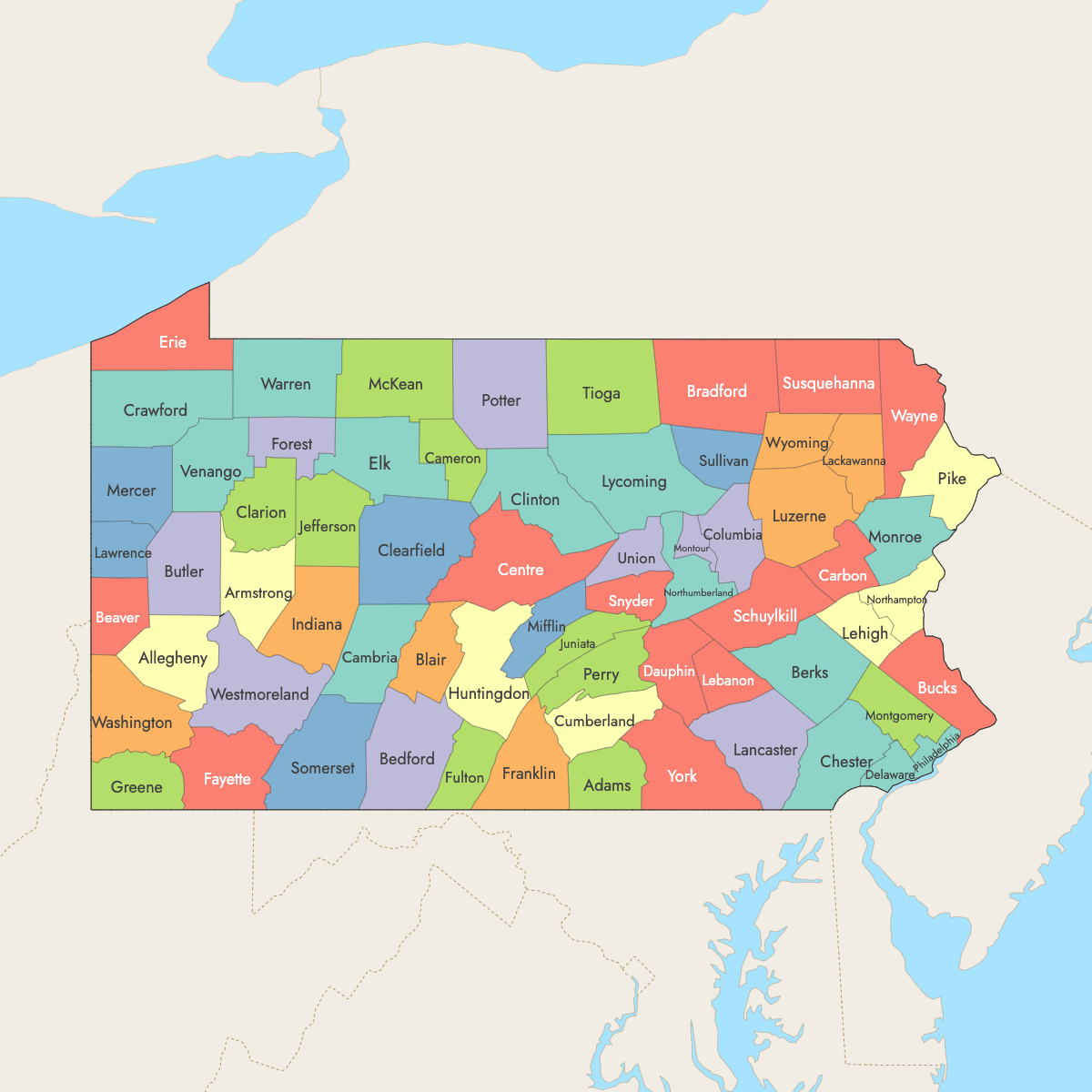 Map of Pennsylvania Counties with surrounding areas